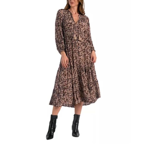 Elan Floral Button Down Boho Midi Dress Brown, Beige Size M - Picture 1 of 12